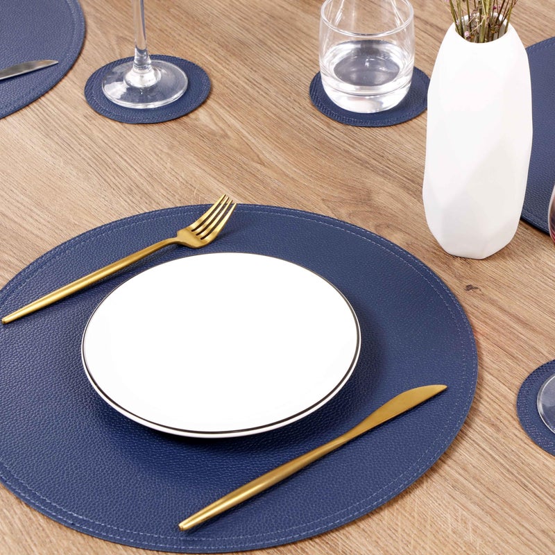 Jovono Navy Faux Leather Round Placemats and Coasters, Coffee Mats Kitchen Table Mats, Waterproof, Easy to Clean for Round Table, Dining Table - Image 2